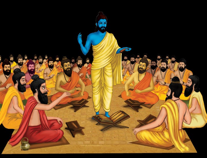 Illustration of a Guru teaching disciples, the Gurukula system of education